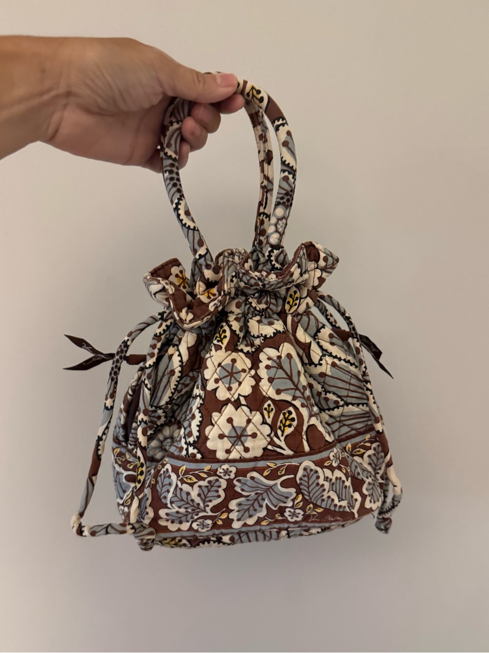 Vera Bradley retired pattern brown & blue Drawstring Bucket Bag.